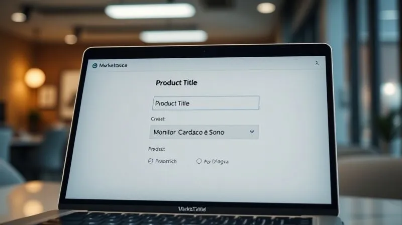A photorealistic close-up of a laptop screen displaying a marketplace product listing creation interface, with a highlighted input field for 'Product Title' showing a well-optimized title like 'Smartwatch Fitness Tracker - Monitor Cardíaco e Sono - À Prova D'Água'. The background is a slightly blurred modern office environment, 8K, cinematic lighting, sharp focus, depth of field.