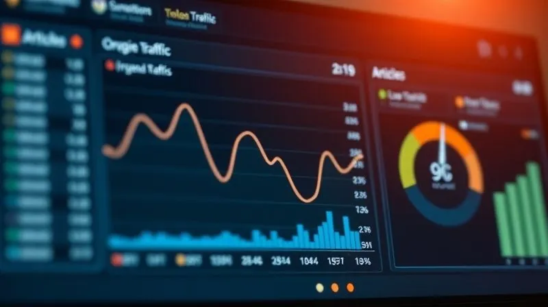 A photorealistic dashboard displaying website analytics, with a clear graph showing a decline in organic traffic over time, alongside another graph highlighting articles with high impressions but low click-through rates. Cinematic lighting, sharp focus on data points, depth of field blurring the background. 8K hyper-detailed, shot on a high-end DSLR.