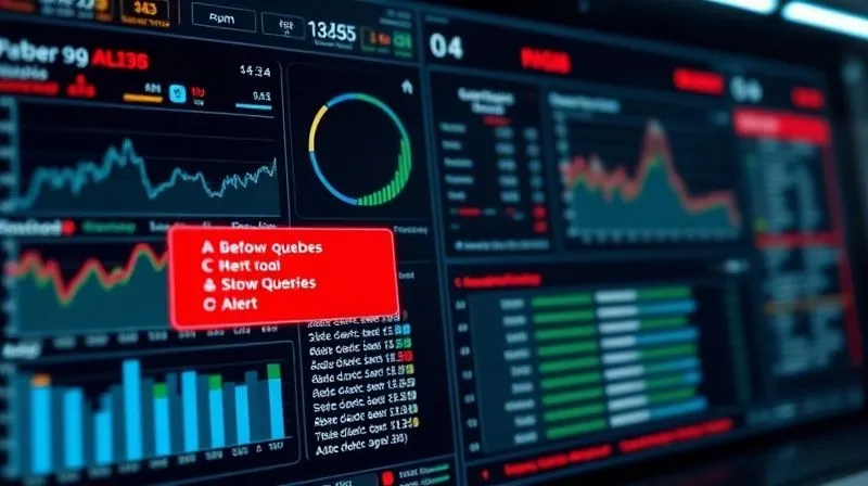 A photorealistic dashboard displaying complex database performance metrics, with a prominent red alert indicating slow queries. The dashboard features graphs, charts, and a detailed log viewer, all with a futuristic, digital aesthetic. cinematic lighting, sharp focus on the alert, depth of field blurring the background, 8K hyper-detailed. photorealistic, professional photography, shot on a high-end DSLR