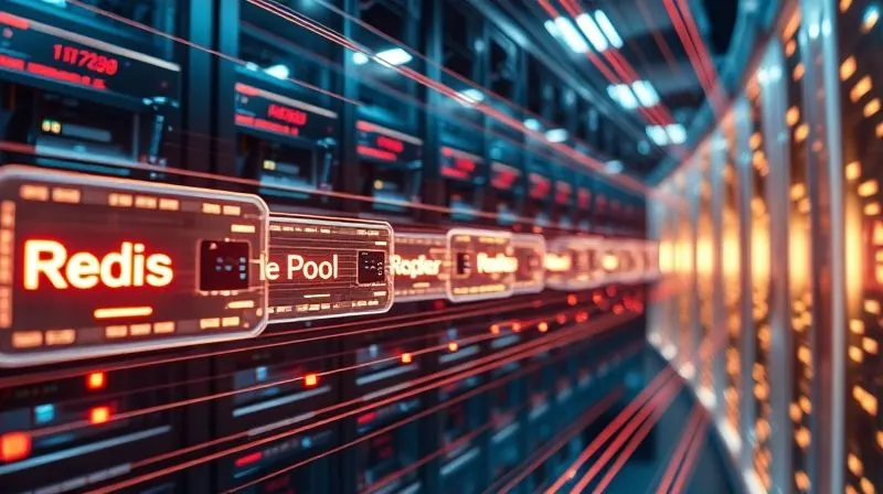 A photorealistic intricate network of data flowing rapidly through a series of glowing, transparent memory banks and a central database server, depicted with speed lines and light trails. The memory banks are labeled 'Redis' and 'Buffer Pool'. The scene is set in a futuristic server room, with cinematic lighting emphasizing the data flow. sharp focus on the data paths, depth of field blurring the background, 8K hyper-detailed. photorealistic, professional photography, shot on a high-end DSLR