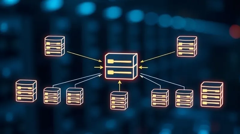 A photorealistic diagram illustrating database sharding and replication. Multiple smaller database servers are shown connected, each representing a 'shard' containing a segment of data. A central 'master' database is shown replicating data to several 'slave' databases, with arrows indicating data flow. The diagram is clean, modern, and glows with digital light. cinematic lighting, sharp focus on the data distribution, depth of field blurring the background, 8K hyper-detailed. photorealistic, professional photography, shot on a high-end DSLR