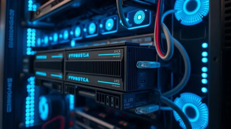 A photorealistic server rack with glowing blue lights, showcasing high-performance SSDs and CPUs with heat sinks. Cables are neatly organized, and there's a sense of powerful, efficient computing. cinematic lighting highlighting the hardware, sharp focus on the server components, depth of field blurring the background, 8K hyper-detailed. photorealistic, professional photography, shot on a high-end DSLR