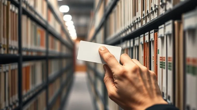 A photorealistic image of a library index card system, with a hand quickly finding a specific card, symbolizing efficient data retrieval. Sharp focus, depth of field.