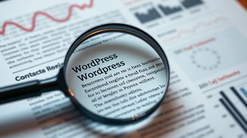 A photorealistic image of a magnifying glass hovering over a detailed WordPress blog post, with keywords highlighted, surrounded by abstract digital elements representing SEO metrics and a fast-loading website icon. Cinematic lighting, sharp focus, depth of field, 8K hyper-detailed, conveying precision and speed in optimization.