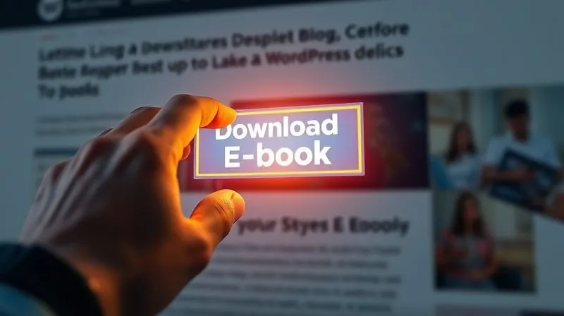 A photorealistic, professional photography image of a hand reaching out to click on a vibrant, well-designed 'Download E-book' button on a WordPress blog post. The button is surrounded by subtle digital glow, cinematic lighting, sharp focus on the button and hand, depth of field blurring the background blog content, 8K hyper-detailed, conveying action and successful lead capture.