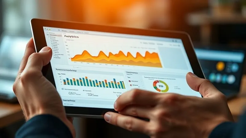 A photorealistic, professional photography image of a person's hands analyzing a tablet displaying a complex Google Analytics dashboard with various charts and graphs, overlaid with a transparent layer showing a heat map on a WordPress blog page. Cinematic lighting, sharp focus on the tablet and hands, depth of field blurring the background, 8K hyper-detailed, conveying data-driven optimization.