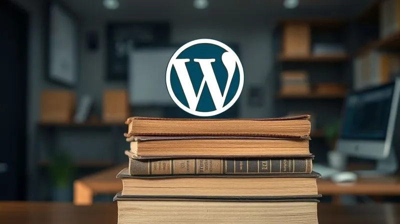A photorealistic, professional photography image of a stack of old, worn books representing knowledge and authority, with a modern, glowing WordPress logo subtly integrated on the top book. Cinematic lighting, sharp focus on the book stack, depth of field blurring a background of a digital office, 8K hyper-detailed, conveying established expertise and digital relevance.