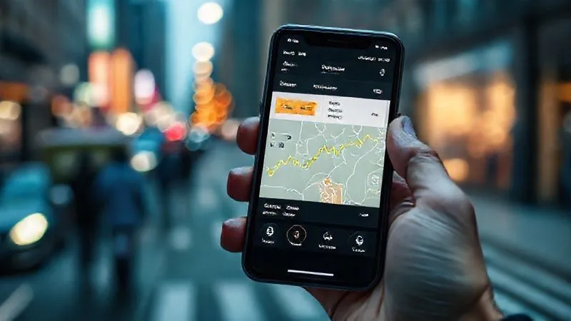 A photorealistic image of a smartphone displaying a detailed package tracking interface, showing the journey of a parcel from warehouse to delivery. The screen is bright and clear, held in a hand, with a blurred background of a bustling city street. Professional photography, 8K, cinematic lighting, sharp focus, depth of field.