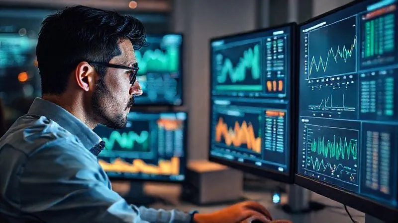 A photorealistic image of a data analyst looking intently at multiple computer screens displaying complex charts and graphs related to e-commerce logistics and shipping costs. The room has a modern, high-tech feel with soft, ambient lighting. Professional photography, 8K, cinematic lighting, sharp focus on the analyst's face and screens, depth of field blurring the background.