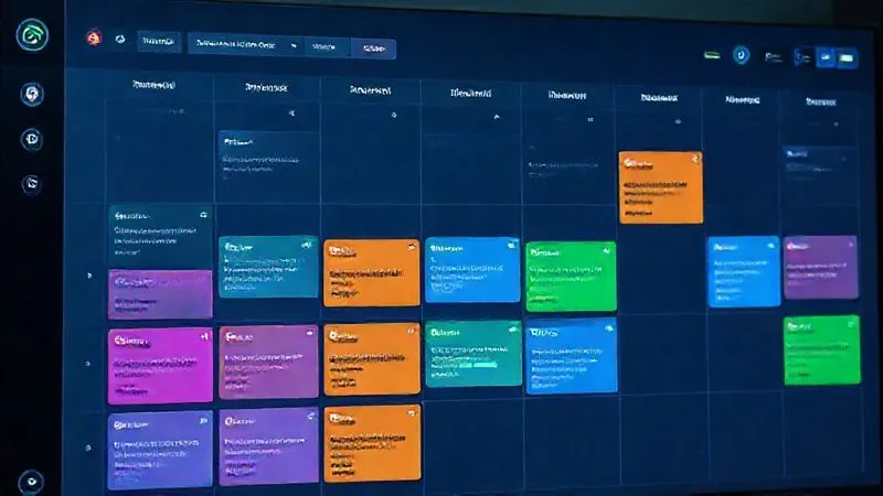 A photorealistic digital dashboard showing a content calendar grid with various tasks, deadlines, and team assignments. Different color-coded cards represent content types, with progress bars. Cinematic lighting, sharp focus, 8K, professional photography.