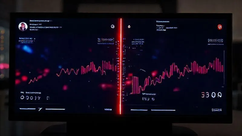 A photorealistic split screen showing two different versions of a social media ad (A and B) side-by-side, with data analytics overlays indicating performance metrics for each. Cinematic lighting, sharp focus on the data, 8K, professional photography.