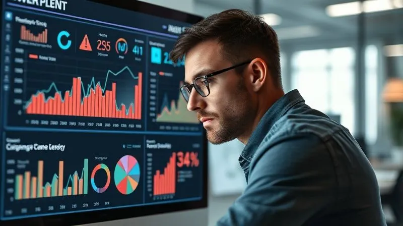 A photorealistic image of a person analyzing a detailed digital dashboard filled with charts and graphs showing content performance metrics, such as traffic, conversions, and engagement. The person is focused, with a thoughtful expression, surrounded by a modern office environment. Cinematic lighting, sharp focus on the dashboard, depth of field blurring the background, 8K hyper-detailed, professional photography, shot on a high-end DSLR.