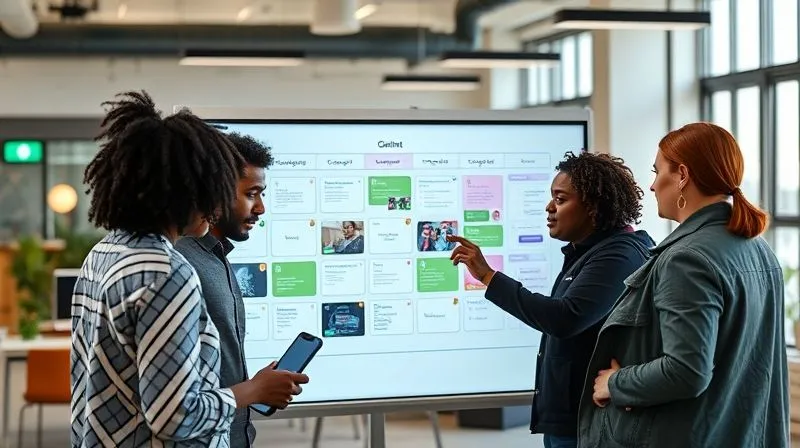 A photorealistic image of a diverse team of content creators, an editor, and a technical expert collaborating around a large digital whiteboard displaying a content workflow. They are actively discussing and moving digital cards, showing a smooth, efficient process. Cinematic lighting, sharp focus on the team and whiteboard, depth of field blurring the background of a modern, open-plan office, 8K hyper-detailed, professional photography, shot on a high-end DSLR.