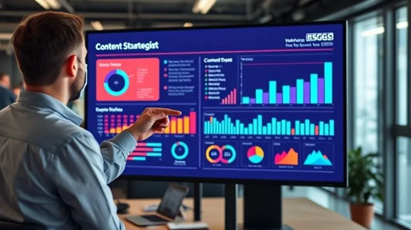 A photorealistic image of a content strategist in a modern office, presenting a data-rich report on a large screen, showing key performance indicators (KPIs) for content marketing. The screen displays vibrant charts and graphs, indicating growth and areas for improvement. The strategist is pointing to a specific metric, emphasizing its importance. Cinematic lighting, sharp focus on the screen and presenter, depth of field blurring the office background, 8K hyper-detailed, professional photography, shot on a high-end DSLR.