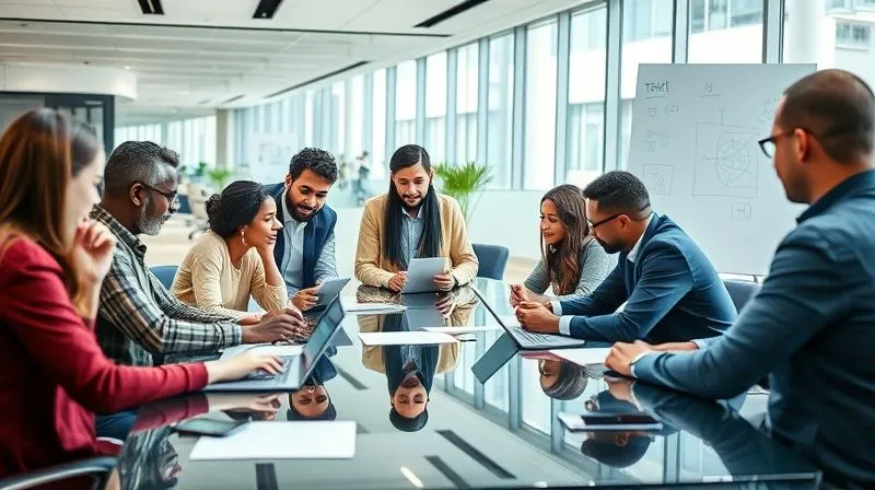 A photorealistic image of a diverse, multicultural team of tech content specialists brainstorming around a glass table in a modern, brightly lit office. They are engaged, using digital tablets and whiteboards, collaborating on content ideas and strategies. The atmosphere is energetic and innovative. Cinematic lighting, sharp focus on the team's interaction, depth of field blurring the background, 8K hyper-detailed, professional photography, shot on a high-end DSLR.
