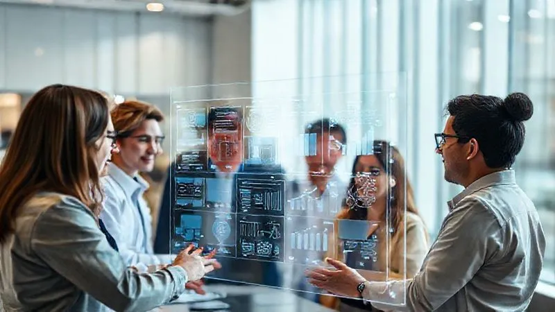 A photorealistic image of a diverse group of professionals (engineers, project managers, data scientists) collaboratively interacting with a holographic display showing complex data visualizations, diagrams, and flowcharts. The scene is modern and brightly lit, emphasizing clarity and understanding. Cinematic lighting, sharp focus, depth of field, 8K hyper-detailed, professional photography, shot on a high-end DSLR.