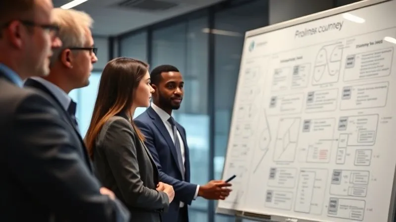 A photorealistic image of a diverse group of business professionals in a modern conference room, intensely focused on a whiteboard filled with complex problem-solving diagrams and customer journey maps. Cinematic lighting, sharp focus on their collaborative efforts, depth of field blurring the sophisticated office background, 8K hyper-detailed.