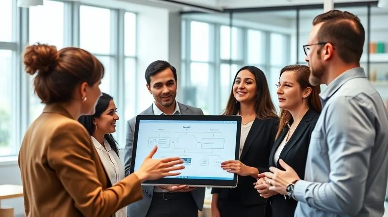 A photorealistic image of a diverse group of business professionals engaged in a clear, concise, and empathetic conversation in a modern, well-lit office. One person is gesturing to a simple, easy-to-understand diagram on a screen. Cinematic lighting, sharp focus on their expressions of understanding, depth of field blurring the background, 8K hyper-detailed.