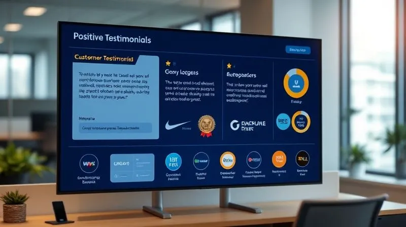 A photorealistic image of a modern digital dashboard displaying positive customer testimonials, company logos of well-known brands, and industry award badges. The screen is in a professional office setting with soft, cinematic lighting, sharp focus on the trust-building elements, depth of field blurring the background, 8K hyper-detailed.