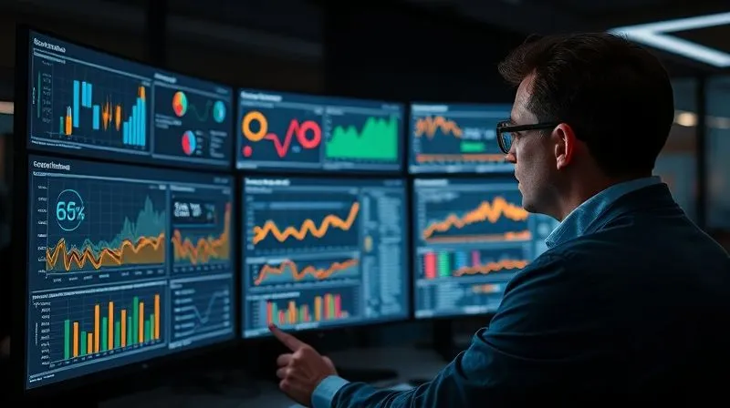 A photorealistic image of a data scientist analyzing a complex dashboard with A/B testing results, conversion funnels, and heatmaps on multiple screens in a modern, dark office setting. Cinematic lighting highlights the data, sharp focus on the analytical process, depth of field blurring the background, 8K hyper-detailed.