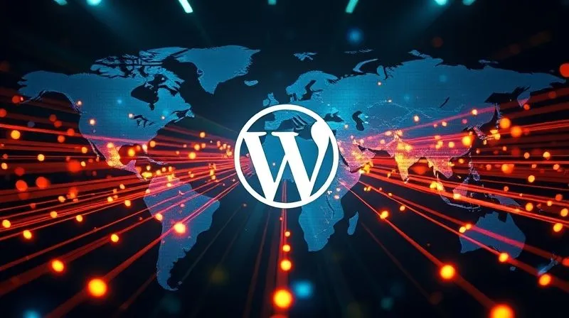 A photorealistic, professional photography, 8K, cinematic lighting, sharp focus, depth of field, shot on a high-end DSLR, illustrating a global network of servers (CDNs) connected by glowing lines, with a central WordPress logo radiating speed and efficiency, against a backdrop of a digital world map, emphasizing rapid data transfer and global reach.