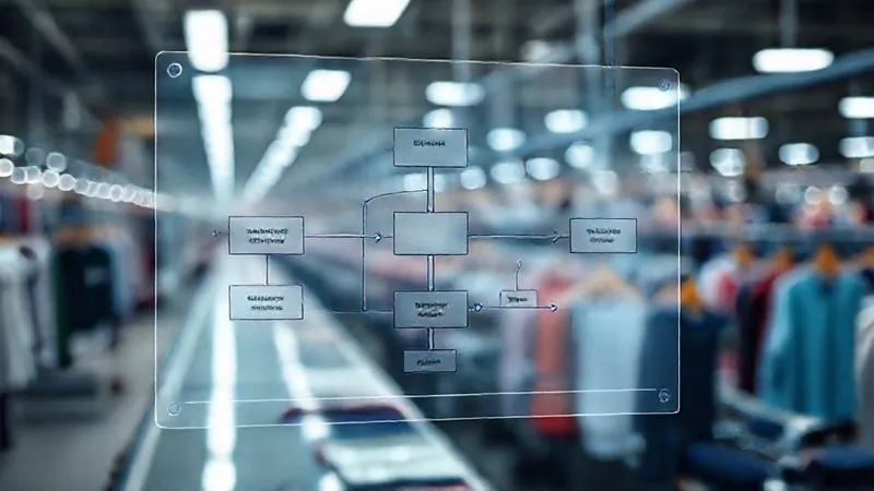 A photorealistic image of a detailed flowchart on a transparent digital screen, showing interconnected boxes and arrows, overlaying a blurred background of a bustling clothing production line. Cinematic lighting, sharp focus on the flowchart, depth of field, 8K hyper-detailed, shot on a high-end DSLR, conveying process optimization.