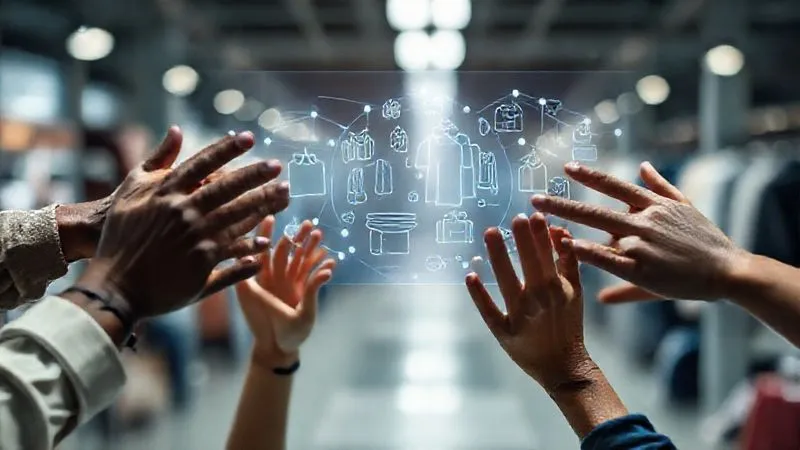 A photorealistic image of diverse hands (representing different stakeholders) reaching towards a central holographic display showing a seamless supply chain network, with clothing items subtly visible in the background. Cinematic lighting, sharp focus on the hands and display, depth of field, 8K hyper-detailed, shot on a high-end DSLR, conveying collaboration and transparency.