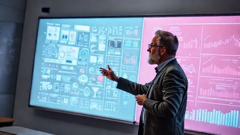 A photorealistic image of a professor explaining a complex concept on a whiteboard, surrounded by dynamic, animated infographics and data visualizations digitally projected onto the wall, creating an immersive learning environment. Cinematic lighting, sharp focus on the professor and visuals, depth of field blurring the studio background, 8K, shot on a high-end DSLR.