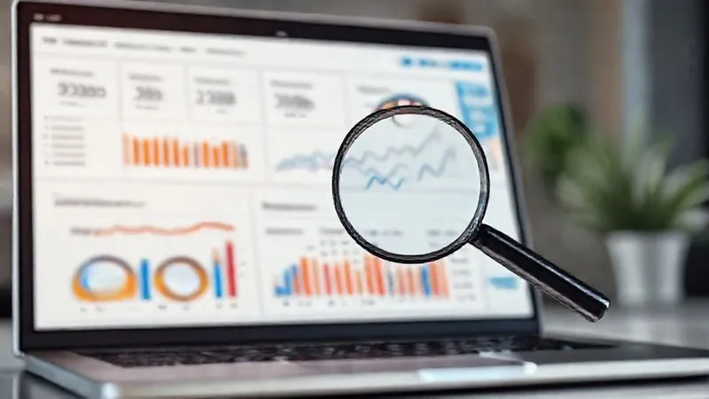 A photorealistic image of a digital analytics dashboard specifically designed for e-learning, displaying engagement metrics like completion rates, average watch time, and drop-off points, with a magnifying glass hovering over a particular section, indicating deep analysis. The interface is clean and modern, with subtle cinematic lighting, sharp focus on the data, depth of field blurring a laptop in the foreground, 8K, professional photography, shot on a high-end DSLR.