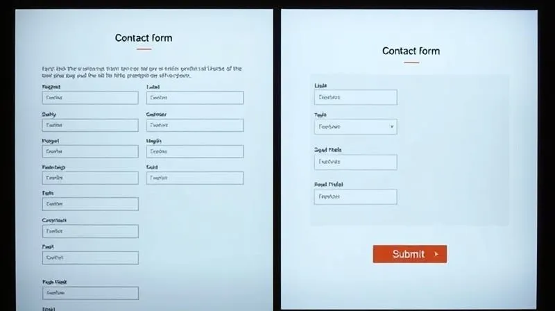 A photorealistic split screen showing two contact forms. On the left, a poorly designed form with multiple columns, misaligned fields, and small text, evoking frustration. On the right, a clean, single-column form with clear labels, large input fields, and an inviting 'Submit' button, evoking ease. Professional photography, 8K, cinematic lighting, sharp focus.