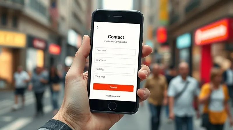 A photorealistic close-up of a hand holding a smartphone, displaying a perfectly optimized, single-column contact form on a landing page. The form fields are large and easy to tap, the text is legible, and the submit button is prominent. The background shows a busy urban environment, emphasizing mobile usage. Professional photography, 8K, cinematic lighting, sharp focus.