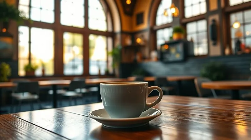 A photorealistic, professional photography, 8K image of a beautifully lit cafe interior, with warm natural light streaming through large windows, highlighting intricate architectural details and cozy seating areas. Sharp focus on a handcrafted coffee cup on a wooden table, depth of field blurring the background, cinematic lighting, shot on a high-end DSLR, conveying a welcoming and inviting atmosphere.