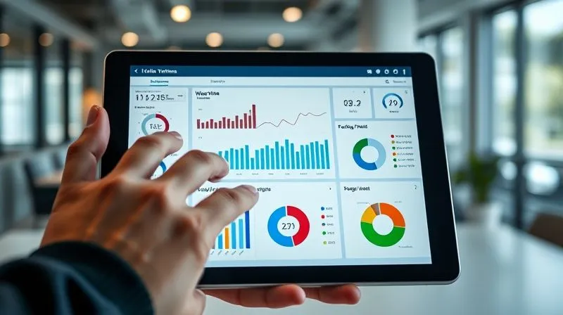 A photorealistic, professional photography, 8K image of a person's hands hovering over a tablet displaying a complex yet clear dashboard with various data visualizations: bar charts, line graphs, and pie charts showing website traffic, social media engagement, and Google My Business insights. The screen is in sharp focus, with depth of field blurring a modern office background. Cinematic lighting, shot on a high-end DSLR, conveying data analysis and strategic planning.