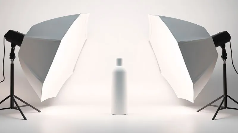 A photorealistic studio setup for product photography, featuring two large softboxes positioned at 45-degree angles to a central, sleek, unbranded cosmetic bottle, with a white seamless background. The lighting is soft and even, highlighting the product's texture and form. Professional photography, 8K, cinematic lighting, sharp focus, depth of field, shot on a high-end DSLR.