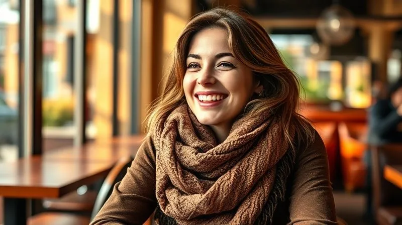 A photorealistic lifestyle image of a young, stylish woman laughing while wearing a comfortable and fashionable scarf, sitting in a cozy, sunlit cafe. The focus is on the scarf and her genuine expression, conveying warmth and joy. Professional photography, 8K, cinematic lighting, sharp focus, depth of field, shot on a high-end DSLR.