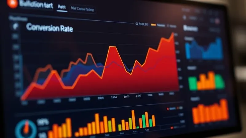 A photorealistic dashboard displaying web analytics data, with a prominent upward trend line for 'Conversion Rate' and a downward trend for 'Bounce Rate'. The dashboard is clean, modern, with vibrant data visualizations, reflecting successful optimization. Professional photography, 8K, cinematic lighting, sharp focus, depth of field, shot on a high-end DSLR.
