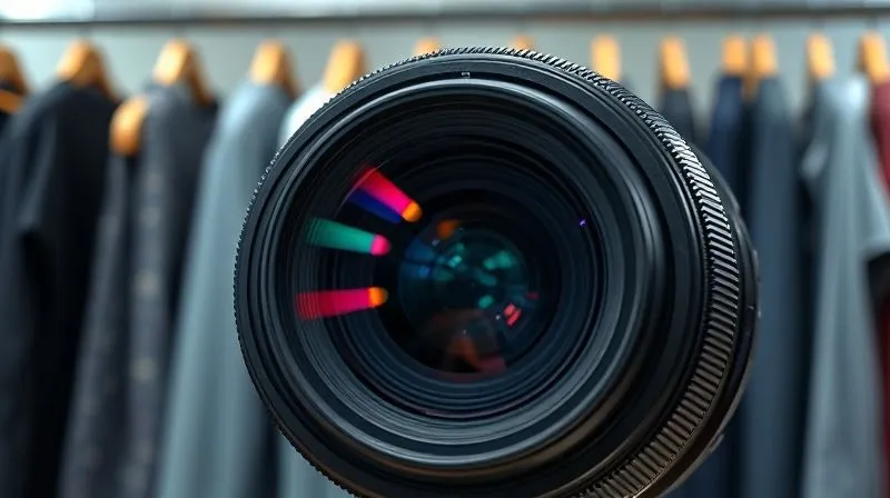 A photorealistic close-up of a high-end DSLR camera lens reflecting a digital neural network, with subtle glowing lines extending from the lens towards a blurred background of clothing racks. Cinematic lighting, sharp focus on the lens, depth of field. 8K hyper-detailed, professional photography.
