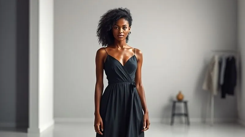 A photorealistic virtual fashion model, diverse in appearance, wearing a stylish, digitally rendered dress. The model stands in a sleek, minimalist virtual studio, with soft, even cinematic lighting. Sharp focus on the garment, depth of field blurring the background. 8K hyper-detailed, professional photography.
