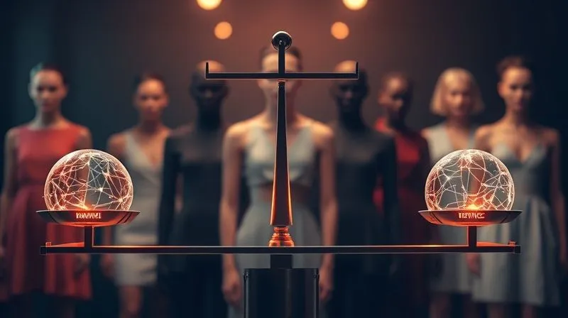 A photorealistic abstract representation of ethical AI in fashion. Soft, glowing neural network lines form a balanced scale, with one side representing 'innovation' and the other 'ethics'. Cinematic lighting, sharp focus on the scale, depth of field blurring a diverse group of virtual models in the background. 8K hyper-detailed, professional photography.