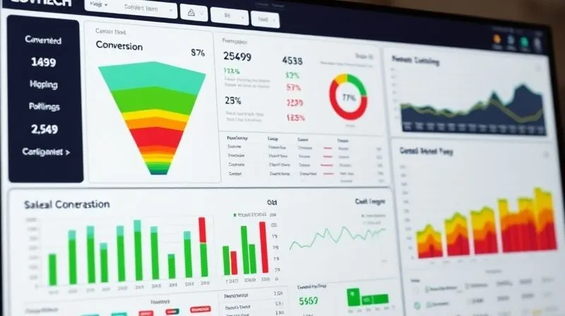 A photorealistic detailed dashboard displaying various B2B SaaS sales funnel metrics, with conversion rates highlighted in green, areas of drop-off in red, and clear data visualizations like bar charts and line graphs. The interface is clean, modern, and professional, with cinematic lighting and sharp focus. 8K, shot on a high-end DSLR.