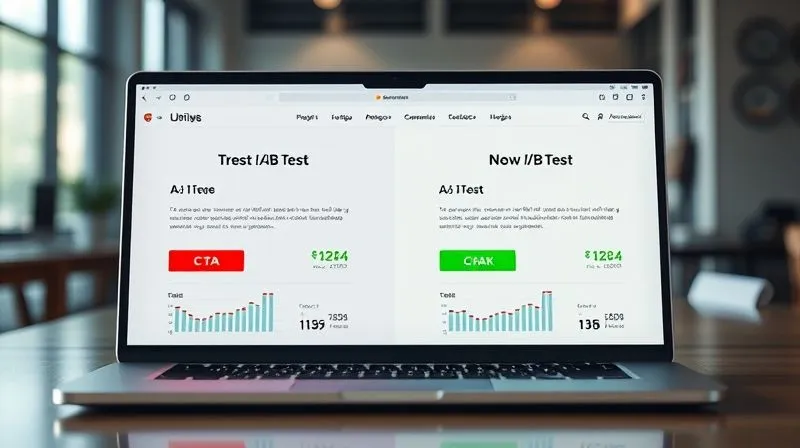 A photorealistic split screen showing an A/B test in progress on a laptop. On one side, a landing page with a red CTA button; on the other, the same page with a green CTA button, both displaying real-time conversion metrics. Cinematic lighting, sharp focus on the laptop screen, depth of field blurring a modern office background. Professional photography, 8K hyper-detailed, shot on a high-end DSLR.