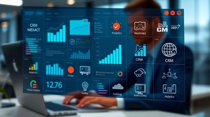 A photorealistic shot of a modern, sleek digital dashboard displaying various interconnected software icons (CRM, Marketing Automation, Analytics, SEO tools) forming a seamless ecosystem. Cinematic lighting, sharp focus on the integrated interface, depth of field blurring a tech-savvy professional working in the background. Professional photography, 8K hyper-detailed, shot on a high-end DSLR.