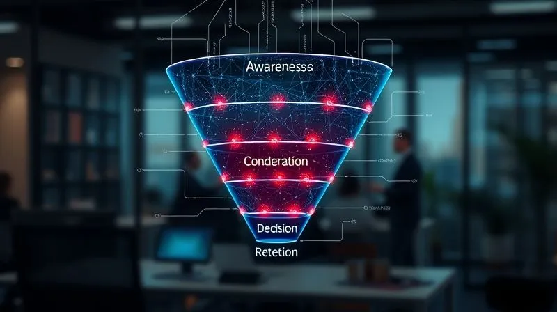A photorealistic intricate digital sales funnel with distinct glowing stages labeled 'Awareness', 'Consideration', 'Decision', and 'Retention'. Data streams are visibly flowing between stages, with some bottlenecks indicated by red glows. The background is a blurred, modern office environment. Cinematic lighting, sharp focus on the funnel, 8K hyper-detailed, shot on a high-end DSLR.