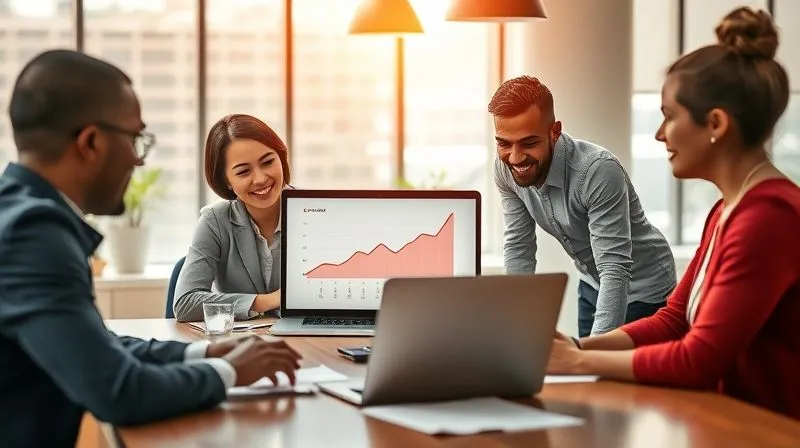 A photorealistic, professional photography shot of a diverse business team in a modern, sunlit office, gathered around a table with a laptop displaying a growth chart. They are engaged in a strategic discussion, with one person pointing to the screen, showing clear progress. Cinematic lighting, sharp focus on the team, depth of field blurring the background, conveying success and collaboration. 8K hyper-detailed, shot on a high-end DSLR.