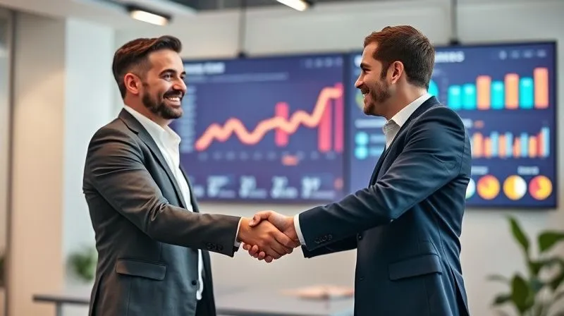 A photorealistic image of two professional business people, one a customer and one a customer success manager, shaking hands with genuine smiles in a modern, bright office setting. A digital dashboard on a screen in the background shows positive customer satisfaction metrics. Cinematic lighting, sharp focus on the handshake, depth of field blurring the background, conveying trust and successful partnership. 8K hyper-detailed, shot on a high-end DSLR.