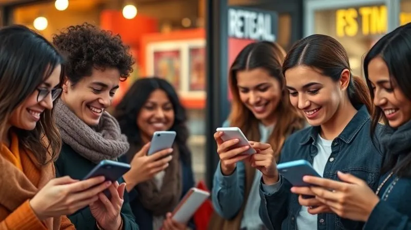 A photorealistic image of a diverse group of happy customers leaving glowing 5-star reviews on their smartphones, with a blurred local business storefront in the background. Cinematic lighting, sharp focus on the phones and smiling faces, depth of field. The overall mood is trust and community connection.
