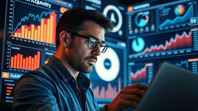 A photorealistic image of a data analyst looking at multiple glowing digital dashboards displaying charts and graphs of business growth, customer engagement, and local search rankings. Cinematic lighting, sharp focus on the analyst's face and the screens, depth of field. The mood is analytical, insightful, and progressive.