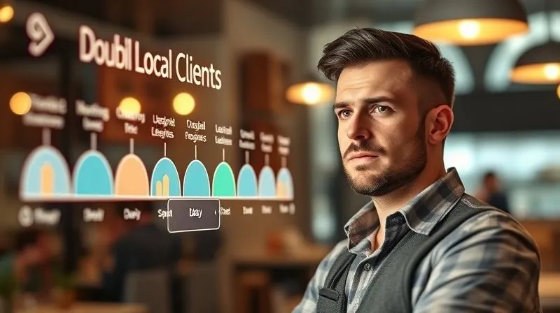 A photorealistic image of a business owner looking confidently at a digital timeline displaying milestones and progress markers towards 'Doubling Local Clients in 90 Days'. The timeline is vibrant and dynamic, with positive growth arrows. Cinematic lighting, sharp focus on the timeline and the owner's determined expression, depth of field. The mood is empowering and goal-oriented.