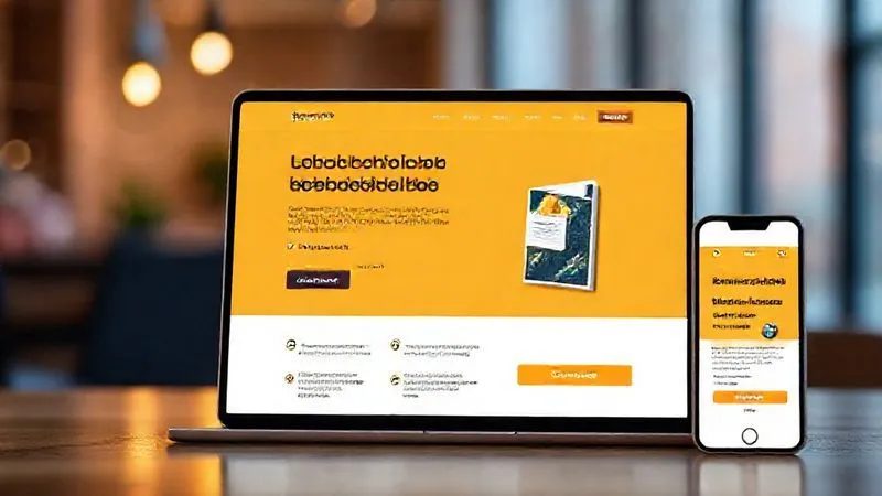 A photorealistic, clean and modern landing page design for an ebook, displayed on a responsive screen (desktop, tablet, and mobile side-by-side). The page features a clear, bold headline, bullet points highlighting benefits, a visually appealing ebook cover image, and a prominent, contrasting call-to-action button. Cinematic lighting, sharp focus on the interface, depth of field blurring the background, 8K hyper-detailed, professional photography.