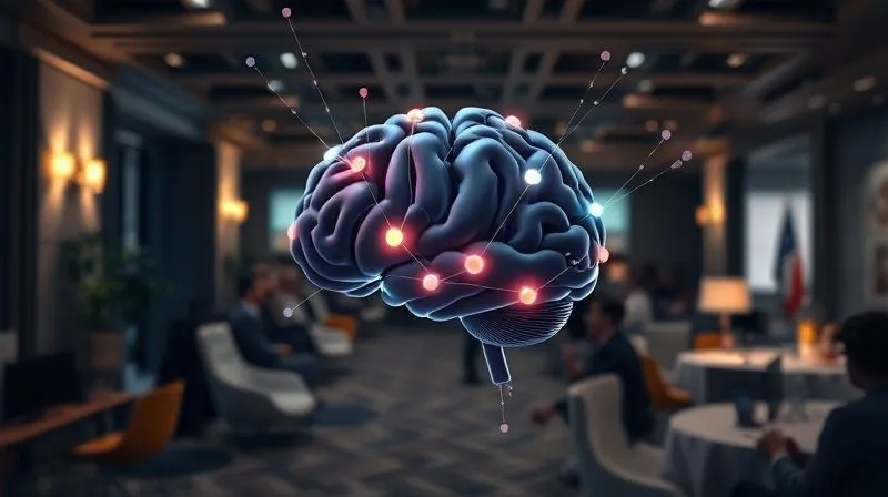 Photorealistic, professional photography, 8K, cinematic lighting, sharp focus, depth of field, shot on a high-end DSLR. A stylized brain graphic with interconnected nodes representing concepts like 'clarity,' 'urgency,' 'social proof,' and 'benefit,' all glowing with digital light, set against a blurred background of a modern event space.